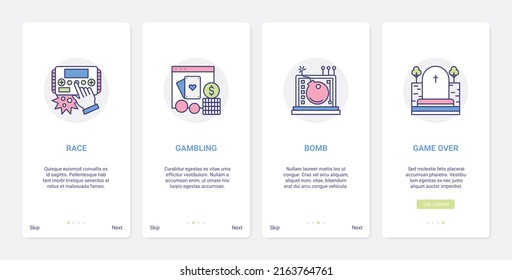 Video Games Entertainment Illustration. UI, UX Onboarding Mobile App Page Screen Set With Line Console Controller For Car Race Gaming, Digital Gambling, Game Over For Gamer Loser Symbols