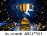 Video games. Prize for the first place. Trophy for the victory. First place in cyber sports. Competition. Shiny gold cup of the winner symbolizes victory and success in competition. 3d render.