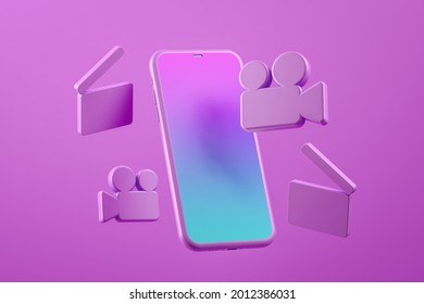 Video mobile application mockup isolated on fuchsia background; 3D; 3D Illustration