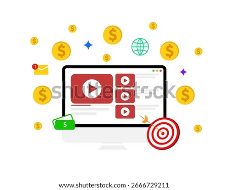 Video monetization and earning through ads concept with computer screen and goals