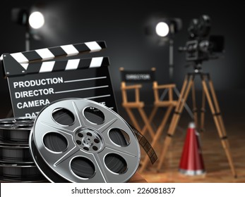 Video, movie, cinema concept. Retro camera, reels, clapperboard and director chair. 3d