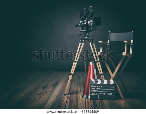 Video, movie, cinema concept.\
Retro camera, clapperboard and director chair. 3d\
illustration