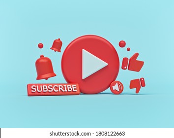 Video Play Button, Subscribe And Bell Icon. Minimal Social Media Promotion Design. 3d Rendering