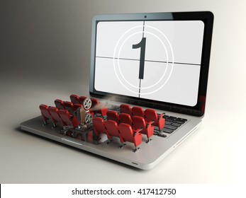 Video Player Application  Or Home Cinema Concept. Laptop And Rows Of Cinema Seats, 3d Illustration