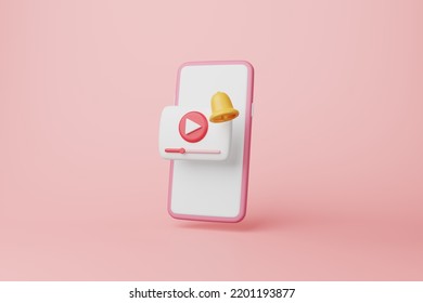 Video Player Badge With Subscription Bell And Mobile Phone Device Blank Screen On Pink Background. Live Streaming Entertainment Business, Media Content Creator Via Smartphone Concept. 3d Rendering