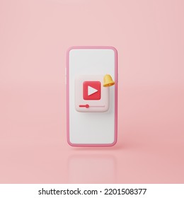 Video Player Badge With Subscription Bell And Mobile Phone Device Blank Screen On Pink Background. Live Streaming Entertainment Business, Media Content Creator Via Smartphone Concept. 3d Rendering