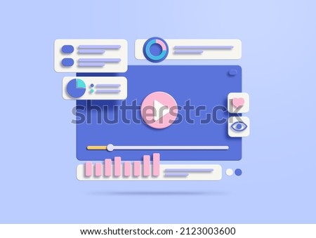 Video player window with a play button in gentle blue tones. Video content theme. Video player interface for web and mobile applications. 3d illustration.