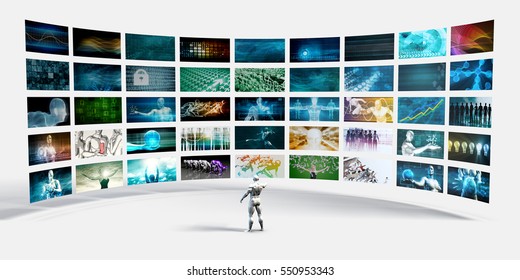 Video Screens Wall With Man Pointing At A Screen 3D Illustration Render