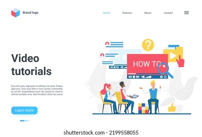 Video Tutorial, Online Education Technology Illustration. Cartoon Business Courses, School Or University With Student People Learning In Virtual Class Room, Study Information Landing Page