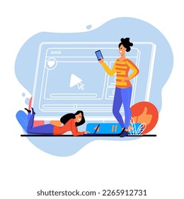 Video watch blue concept with people scene in the flat cartoon style. Two friends watch funny videos on YouTube. - Powered by Shutterstock