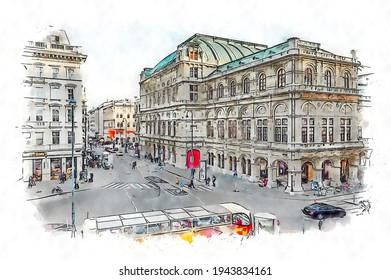 Vienna Opera House (Staatsoper), Watercolor Sketch Illustration.