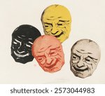 Vier Japanse maskers (1856 - 1897) by Henri Charles Guerard. Vintage drawing illustration, painting art print. Vintage style artwork. Four masks laughing, black red white and yellow.