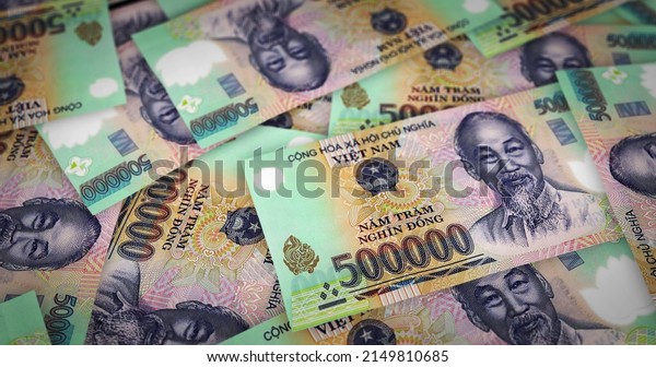 Vietnam Dong sheet of money print 3d\
illustration. VND banknotes printing background concept of finance,\
economy crisis, inflation and\
business.