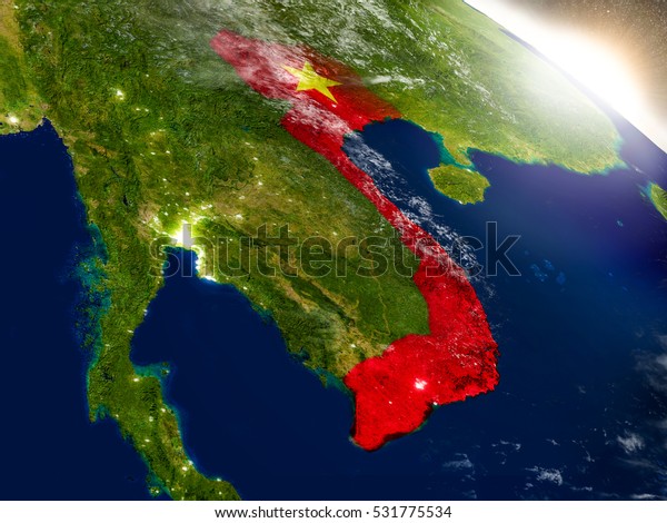 日の出の間 惑星の表面に埋め込まれた国旗を持つベトナム 極めて詳細なリアルな地球面と都市のライトを備えた3dイラスト この画像のエレメントはnasaが提供します のイラスト素材