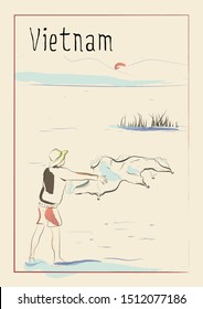 Vietnam. Fisherman throws a net at dawn on a mountain lake Lack Travel poster, banner, postcard or calendar page idea, stationery print.