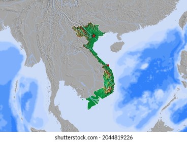 Vietnam Map, Map Of Vietnam With Capital And Major Cities - 3D Rendering. 3d Map Colored Considering Vegetation And Land Use.