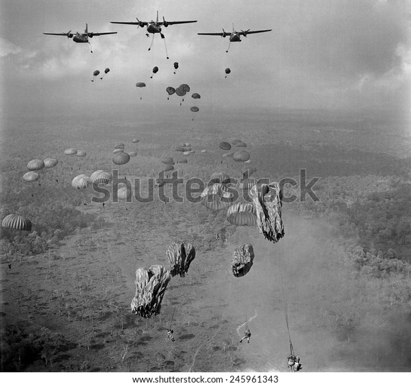 Vietnam War. In March\
1963, 840 South Vietnamese paratroopers jump from US Air Force\
C-123 planes in a strike against Viet Cong in the Tay Ninh Province\
of South\
Vietnam.