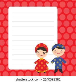 Vietnamese boy and girl in national costume and hat. Cartoon children Card design with Kawaii with red pastel colors polka dot lined page notebook, template, blank, planner background. 