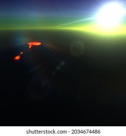 View above active Volcano on Alien World with lens flare from Star and a Green Horizon and Stars, artistic 3D rendering