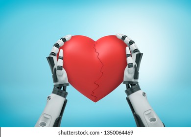 View From Above Of Black And White Robot Hands Holding Big Red Valentine Heart Cracked In Half On Light Blue Background. Humanoid Robots Become Real. Machines Imitate Emotions. Feeling Can't Be Faked.