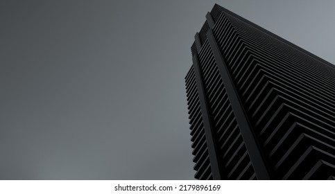 View From Above High-rise Dark Building Against A Gloomy Gray-blue Background. High-rise Skyscraper, High-rise Abstract Building Construction. 3D Render.