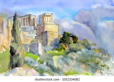 View Of The Acropolis At Sunset. Parthenon. Athenian Landscape. Greece. Fine Art Painting. Wall Decor. Printable Original Artwork. Watercolor.