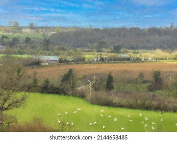 View across the English countryside digital ink pen and oil painting for canvas prints