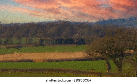 View across an English valley towards sunset skies digital ink pen and oil painting for canvas prints
