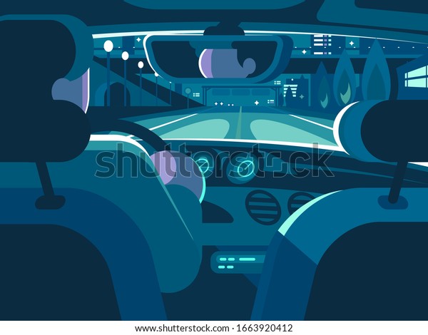 View from back seat of car. Driving on road\
in taxi.\
illustration