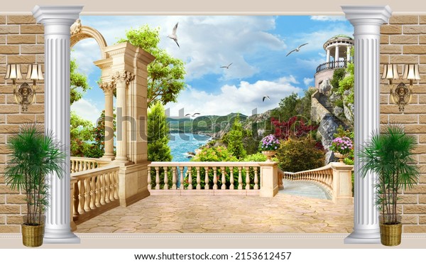 View from the balcony on the coast of Italy and a beautiful gazebo on the mountain. Digital mural. Wallpaper.