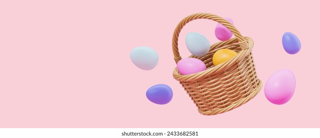 View of basket filled with colorful Easter eggs over pink copy space background. Concept of Easter celebration and festivity. 3d rendering - Powered by Shutterstock