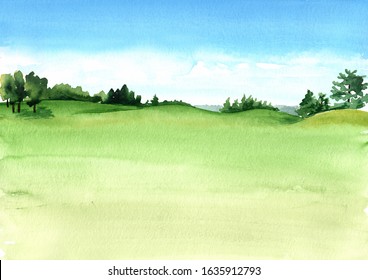 View of beautiful green field with a rich turf. Hand drawn watercolor illustration and background