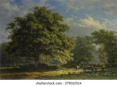 View in the Bentheim Forest, by George Andries Roth, 1870, Dutch painting, oil on canvas. Bentheim Forest in eastern Netherlands with large oak and lumbermen loading tree trucks on a mallejan.
