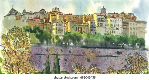View of Bergamo old town, Citta Alta. Italy. Beautiful summer panorama. Hand drawn watercolor painting. Travel illustration.