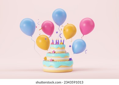 View of big yellow and blue birthday cake with lit candles and multicolored balloons over pink background. Concept of birthday celebration and party for kids and adults. 3d rendering - Powered by Shutterstock