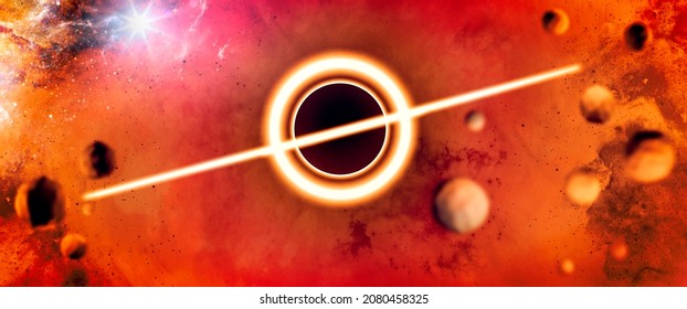 View Of A Black Hole, Asteroids And Meteorites In Motion. Expanding Universe, Galaxies. Sci-fi. 3d Rendering
