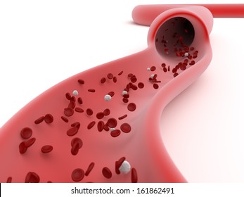 View Of A Blood Vessel Sliced Open Through Its Wall Showing The Movement And Flow Of The Blood Cells And Erythrocytes Carrying Oxygen To The Tissues, Part Of The Circulatory And Cardiovascular Systems