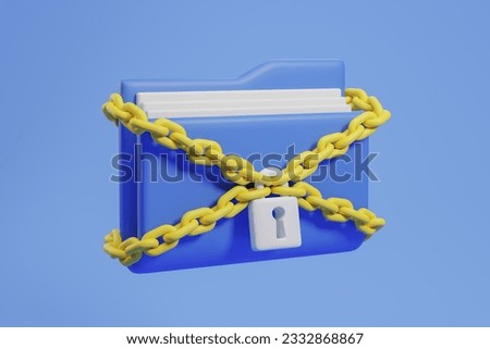 View of blue file folder locked with chain and padlock over light blue background. Concept of data protection and cyber security. 3d rendering