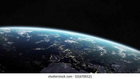 View of blue planet Earth in space with her atmosphere Europe continent 3D rendering elements of this image furnished by NASA