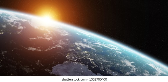 View of blue planet Earth in space with her atmosphere Europe continent 3D rendering elements of this image furnished by NASA