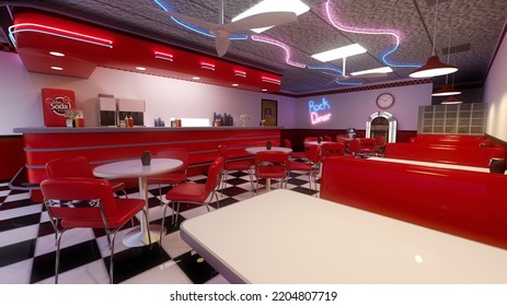 View From A Booth In 1950s Retro American Diner With Black And White Checked Floor And Red Furrniture. 3D Illustrtion.