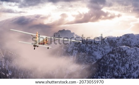 View of Canadian Mountain Landscape. Dramatic Sunset Art Render. 3d rendering Airplane Flying. Background image from near Vancouver, BC, Canada. Adventure Travel Concept