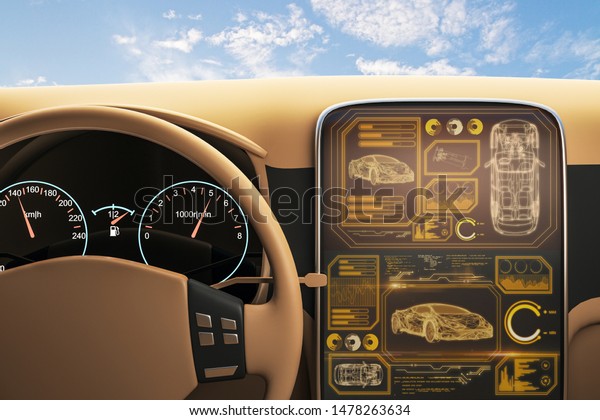 View from car with\
digital screen of on-board computer at blue sky with clouds\
background. 3D\
Rendering