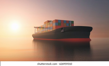 View Of Cargo Tanker Ship Sailing Across The Ocean At Sunset. 3D Rendering 