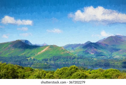 View from Castlerigg Hall Keswick Lake District Cumbria to Derwent Water and Catbells mountains and fells on a summer day with blue sky clouds and sunshine illustration like oil painting