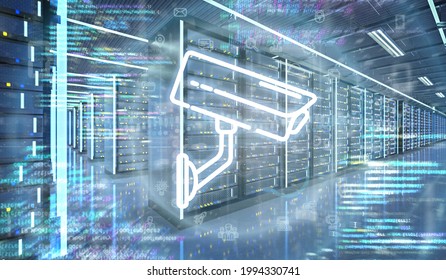 View Of A CCTV Security Camera Icon In A Server Room Data Center - 3d Rendering