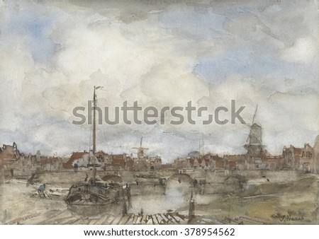 View of a City, by Jacob Maris, c. 1860-1890, Dutch painting, watercolor.