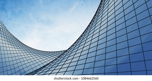 View of the clouds reflected in the curve glass office building. 3d rendering