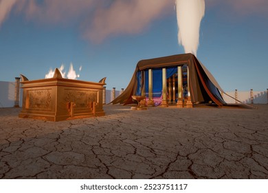 View of the courtyard of the sanctuary, showing the altar of sacrifice or burnt offering and the brazen laver. The curtain to the Holy Place is opened. 3d rendering biblical illustration.