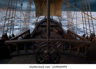 View of the deck from behind the ships wheel on an old pirate sailing ship in open sea with grey clouds. 3D illustration.